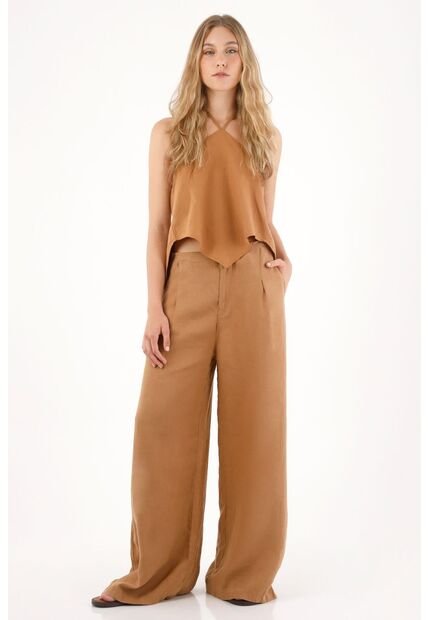 Tennis Pantalón Wide Leg En 100% Lino Café Con Textura Lisa Para Mujer