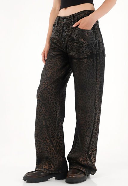 Jean Wide Leg Tiro Alto Con Diseño A Láser Animal Print Para Mujer