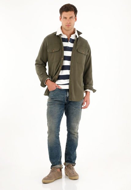 Buzo Tipo Polo Azul Estampado A Rayas Para Hombre