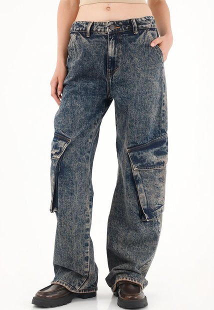 Jean Wide Leg Tiro Bajo Cargo Para Mujer