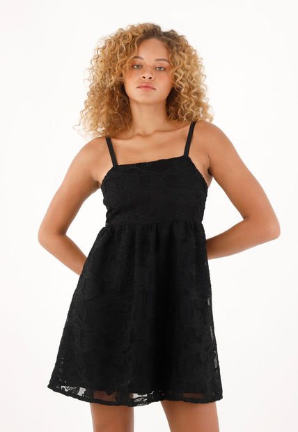 Vestido Negro Corto En Tela Bordada Para Mujer