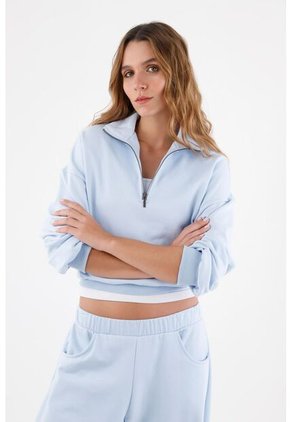 Tennis Buzo Para Mujer En Algodón Azul Cielo Fit Relajado Con Media Cremallera
