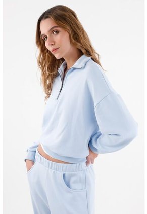 Tennis Buzo Para Mujer En Algodón Azul Cielo Fit Relajado Con Media Cremallera