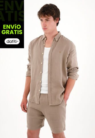 Tennis Camisa En 100% Lino Con Mini Bordado Gris Para Hombre Tennis