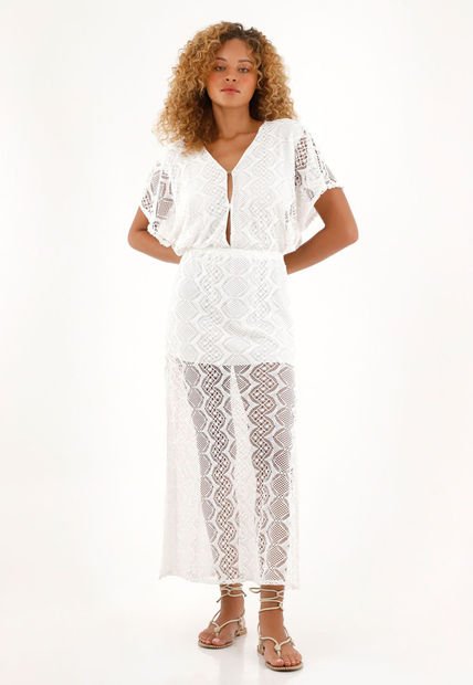 Vestido Largo Crudo Con Escote En V Para Mujer