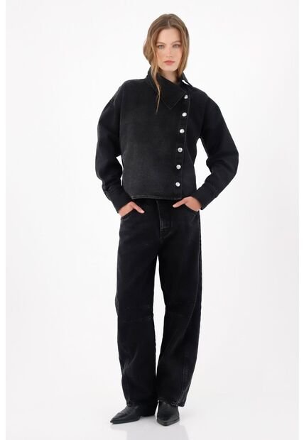 Tennis Chaqueta Boxy Con Cierre Asimétrico De Botones Metálicos En Algodón Negro Para Mujer