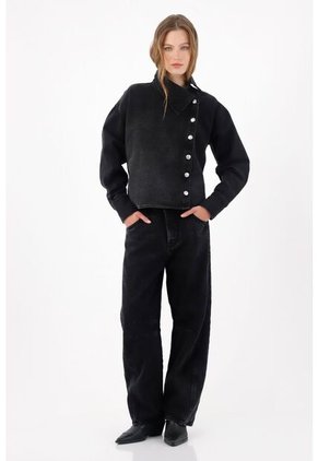 Tennis Chaqueta Boxy Con Cierre Asimétrico De Botones Metálicos En Algodón Negro Para Mujer