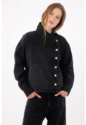 Tennis Chaqueta Boxy Con Cierre Asimétrico De Botones Metálicos En Algodón Negro Para Mujer