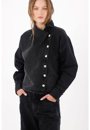 Tennis Chaqueta Boxy Con Cierre Asimétrico De Botones Metálicos En Algodón Negro Para Mujer