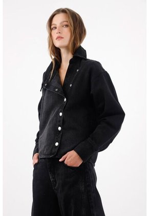 Tennis Chaqueta Boxy Con Cierre Asimétrico De Botones Metálicos En Algodón Negro Para Mujer