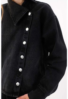 Tennis Chaqueta Boxy Con Cierre Asimétrico De Botones Metálicos En Algodón Negro Para Mujer