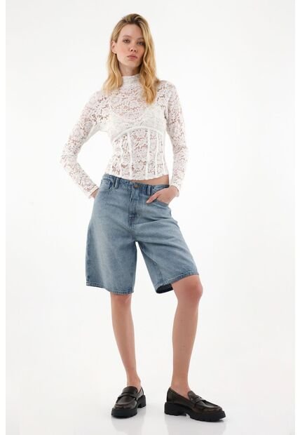 Camiseta Crudo Manga Larga Con Encaje Para Mujer