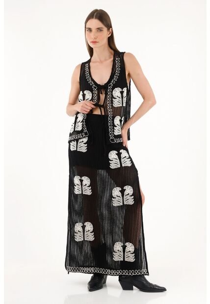 Tennis Falda Larga Con Bordados Negra Para Mujer