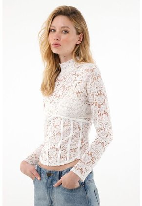 Camiseta Crudo Manga Larga Con Encaje Para Mujer