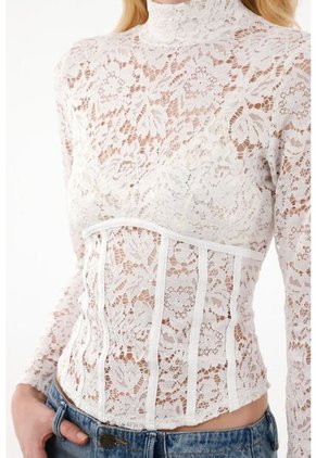 Camiseta Crudo Manga Larga Con Encaje Para Mujer