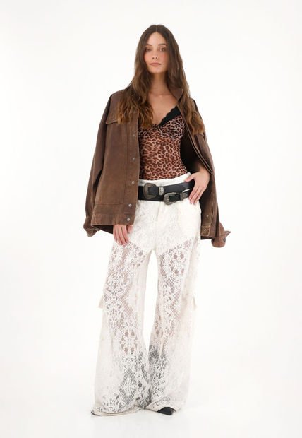 Pantalón Wide Leg Crudo En Encaje Para Mujer