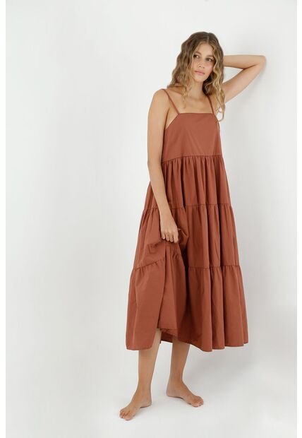 Vestido De Mujer, Diseño Midi Con Cuello Recto De Tiras, Con Cortes