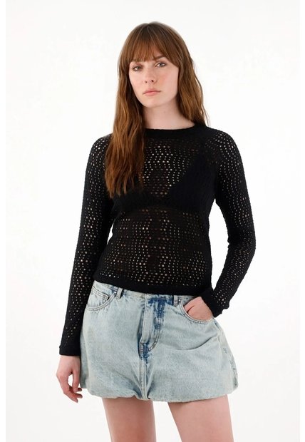 Tennis Camiseta Tejida De Cuello Alto Negra Para Mujer