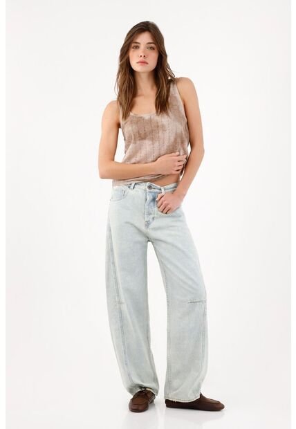 Tennis Jean Wide Leg Con Costuras Paneladas En Algodón Azul Claro Para Mujer