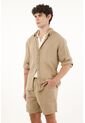 Camisa Café Manga Larga 100% Lino Para Hombre de Tennis