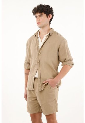 Camisa Café Manga Larga 100% Lino Para Hombre