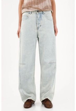 Tennis Jean Wide Leg Con Costuras Paneladas En Algodón Azul Claro Para Mujer