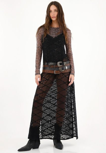 Vestido Negro En Encaje De Tiras Para Mujer