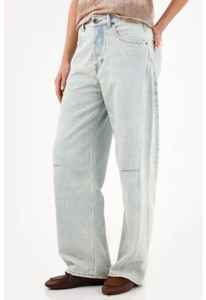 Tennis Jean Wide Leg Con Costuras Paneladas En Algodón Azul Claro Para Mujer