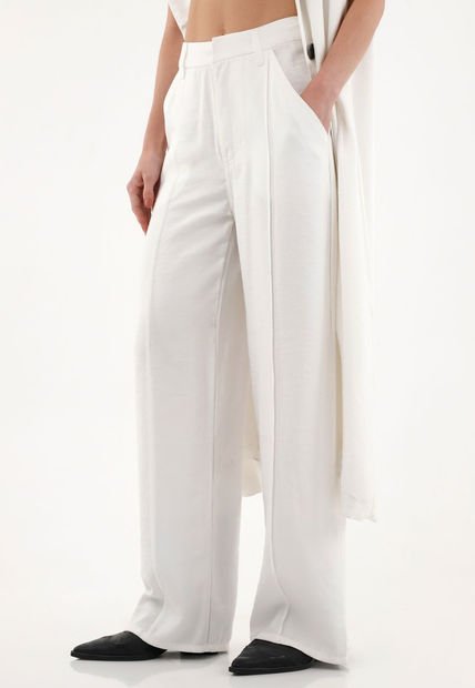 Pantalón Recto Blanco Con Prenses Para Mujer