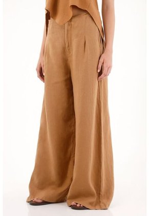 Tennis Pantalón Wide Leg En 100% Lino Café Con Textura Lisa Para Mujer
