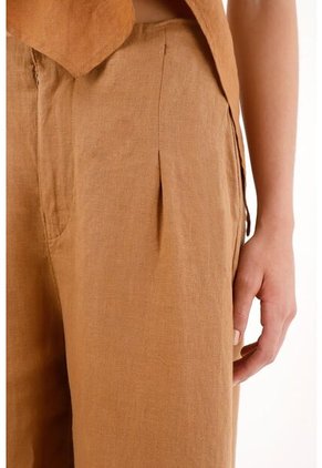 Tennis Pantalón Wide Leg En 100% Lino Café Con Textura Lisa Para Mujer