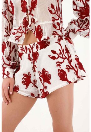 Tennis Bermuda Fit Relajado Con Estampado Floral Rojo En Poliéster Blanco Para Mujer