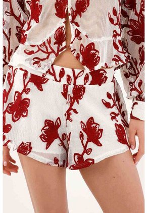 Tennis Bermuda Fit Relajado Con Estampado Floral Rojo En Poliéster Blanco Para Mujer