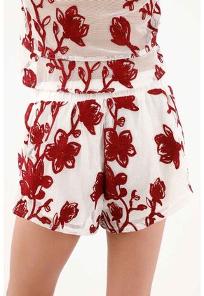 Tennis Bermuda Fit Relajado Con Estampado Floral Rojo En Poliéster Blanco Para Mujer
