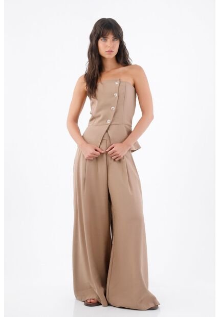 Tennis Top Strapless Para Mujer En Tejido Suave Beige Entallado Con Botones Asimétricos