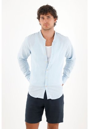 Tennis Camisa En 100% Lino Azul Con Detalle Fruncido Para Hombre