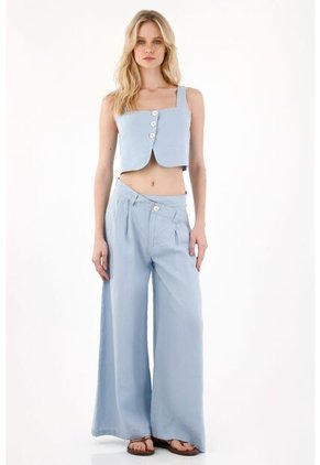 Tennis Chaleco En 100% Lino Crop Azul Para Mujer