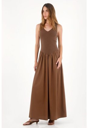 Tennis Vestido Largo Con Escote En V Café De Ajuste Cómodo Para Mujer
