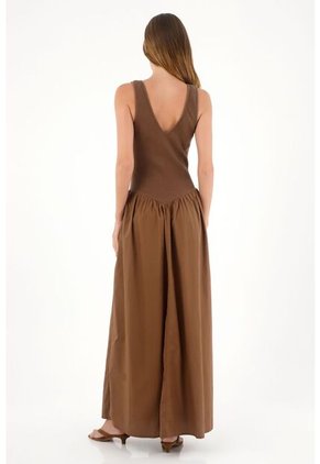 Tennis Vestido Largo Con Escote En V Café De Ajuste Cómodo Para Mujer