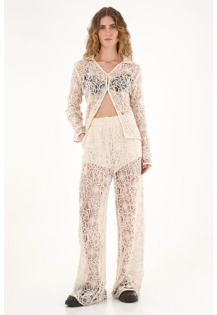 Pantalón Wide Leg En Encaje Crudo Para Mujer