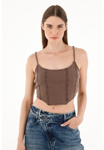 Tennis Camiseta Café En Rib Tipo Crop Para Mujer Tennis