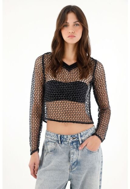 Tennis Camiseta Crop En Malla Negra Para Mujer