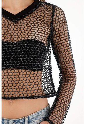 Tennis Camiseta Crop En Malla Negra Para Mujer