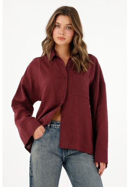 Camisa En 100% Lino Manga Larga Roja Para Mujer