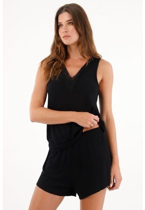 Tennis Pijama De Short Con Encaje Negra Para Mujer