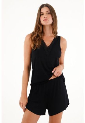 Tennis Pijama De Short Con Encaje Negra Para Mujer