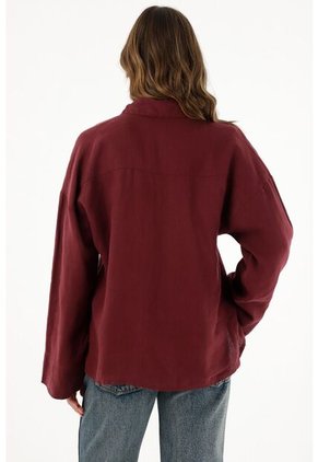 Camisa En 100% Lino Manga Larga Roja Para Mujer