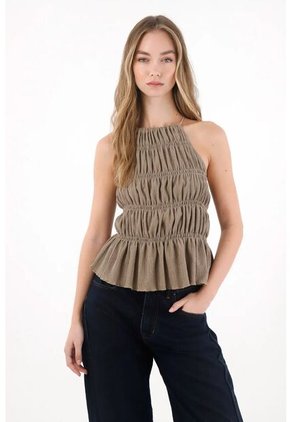 Tennis Camisa Cuello Halter Con Detalles Elásticos Café Para Mujer