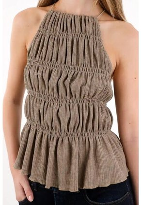 Tennis Camisa Cuello Halter Con Detalles Elásticos Café Para Mujer
