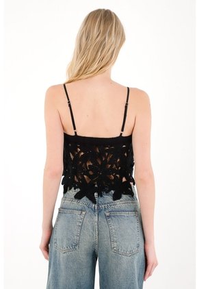 Tennis Camisa Crop Con Bordado De Flores Negra Para Mujer
